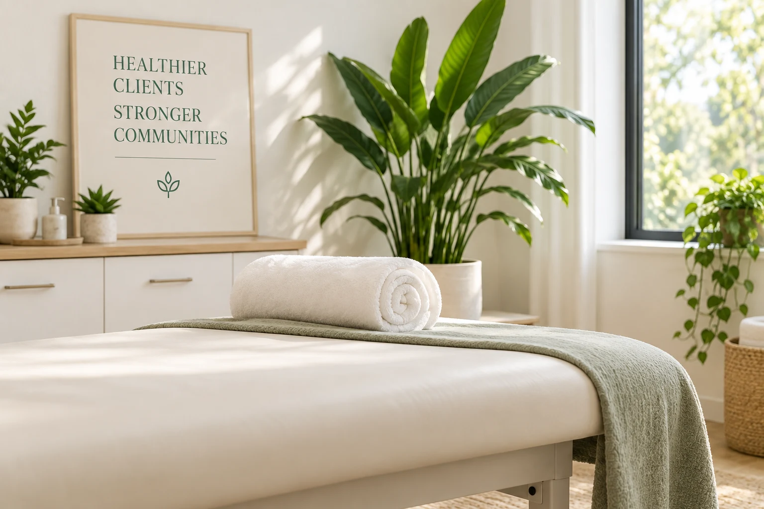 A bright wellness-room illustration with green plants, a treatment bed and neatly rolled towels