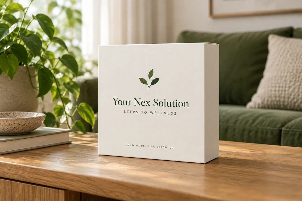 Concept Steps to Wellness kit packaging on a wooden table at home
